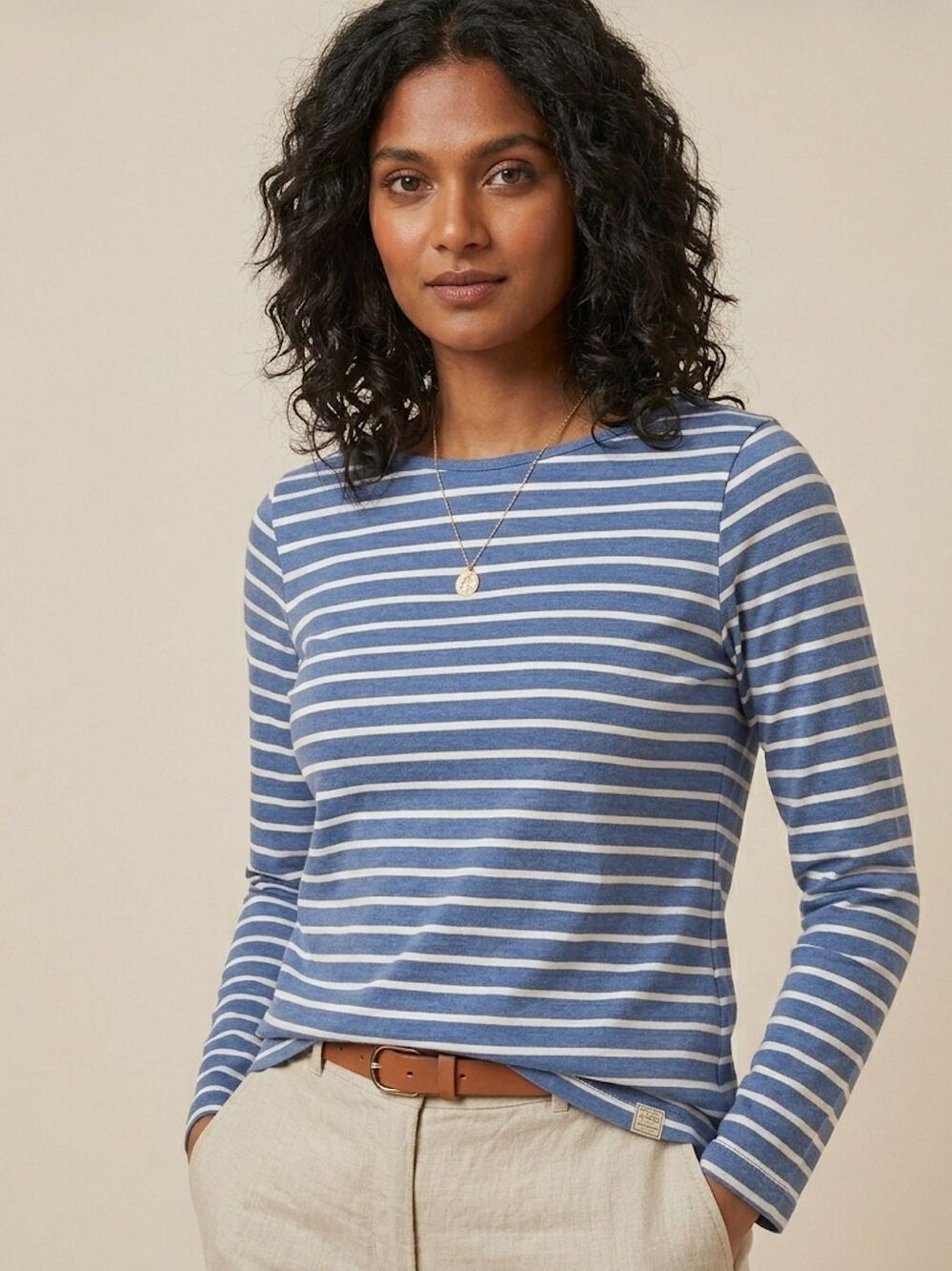 Fat Face Women's Long Sleeve Organic Cotton Crewneck Shirt Size 2 Striped Blue